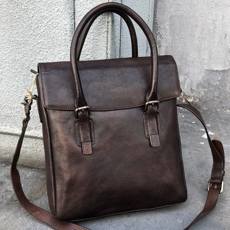 Casual Top-Grain Cowhide Men's Handbag, Business Standing Briefcase, 9.7-Inch iPad, Retro Men's Single-Shoulder Bag