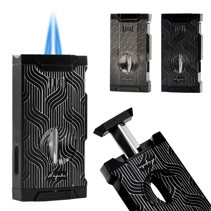 

Multi-functional portable cigar lighter with V-shaped cigar clipper and cigar rack, featuring dual flame combustion
