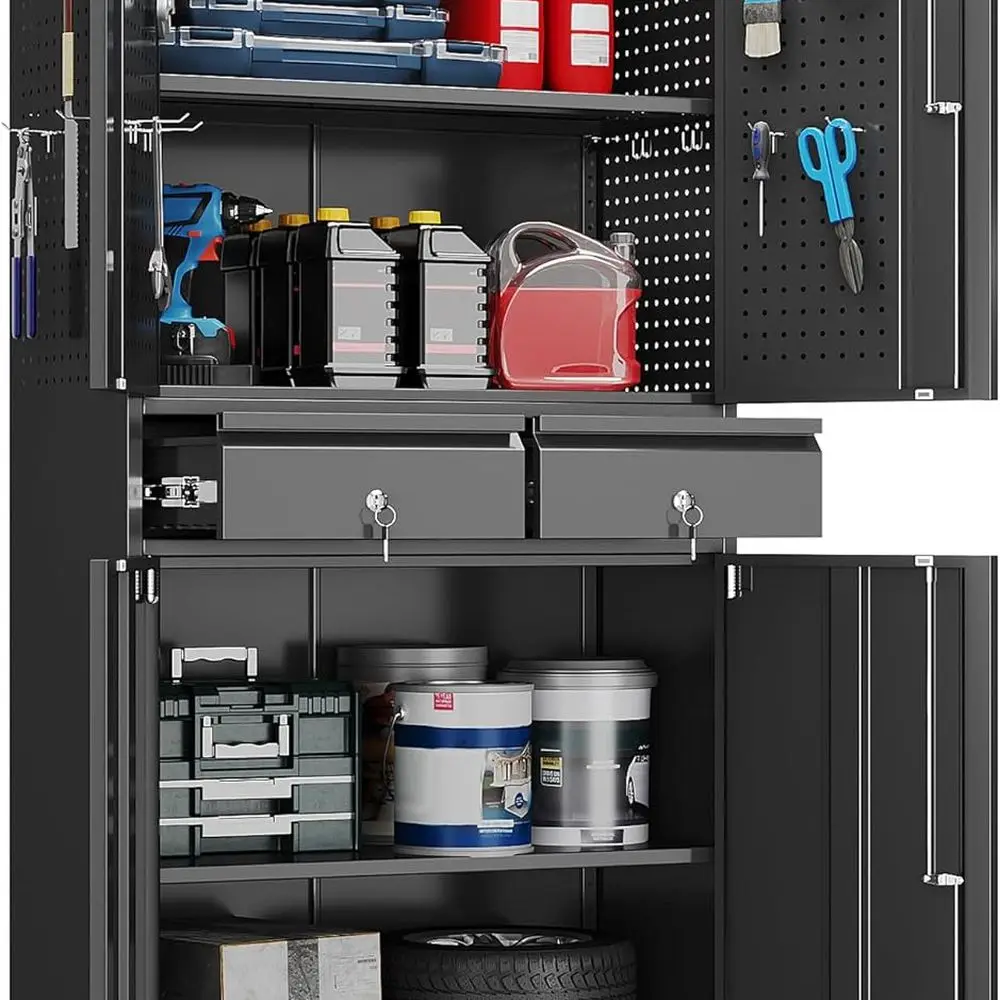 

71 Tall Metal Garage Cabinet with Rolling Wheels, Doors, Pegboard, and 2 Drawers for Home and Workshop Storage
