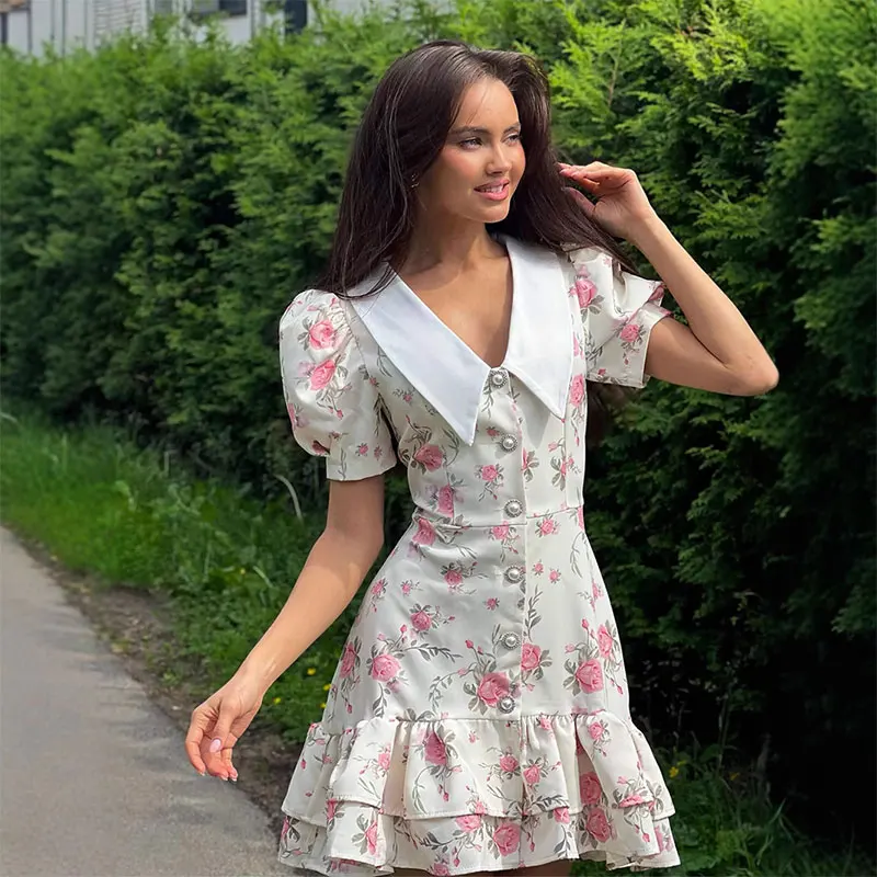 

Womens Dresses Real Shot 2025 Summer New Middle Waist Single Row Buckle Puffed-Sleeve Lapel Printed Fresh Cute Dress Female