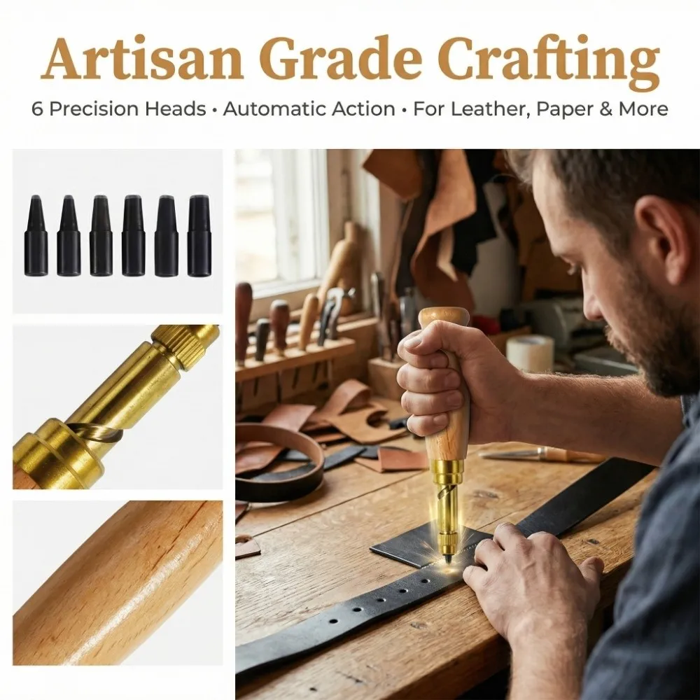 Adjustable Belt Hole Puncher Wooden Handle Replaceable Multi-Head Screw Punch 6 Tips Size Semi-Automatic Automatic Punching Tool
