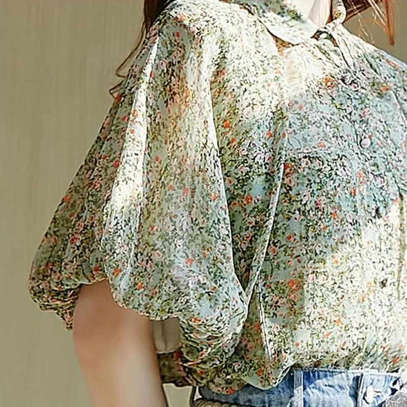 Women\'s Top Loose Elegant Puff Sleeve Floral Printed Blouse Summer Korean All-match Turn-down Collar Shirt Female Clothing