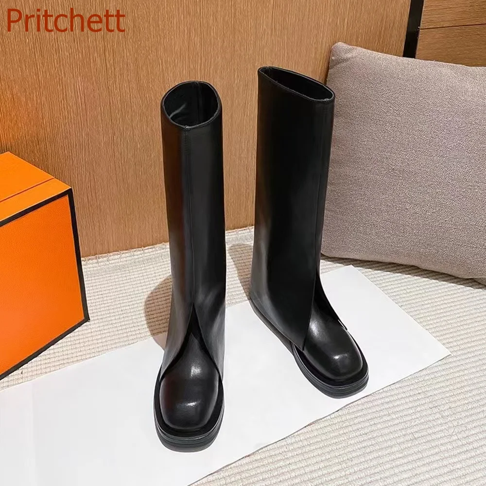 

Round Toe Flat Sole Women Boots Solid Fashion Knee High Slip On Genuine Leather Casual Comfortable Women Shoe 2023 New Arrivals