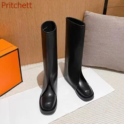 Round Toe Flat Sole Women Boots Solid Fashion Knee High Slip On Genuine Leather Casual Comfortable Women Shoe 2023 New Arrivals