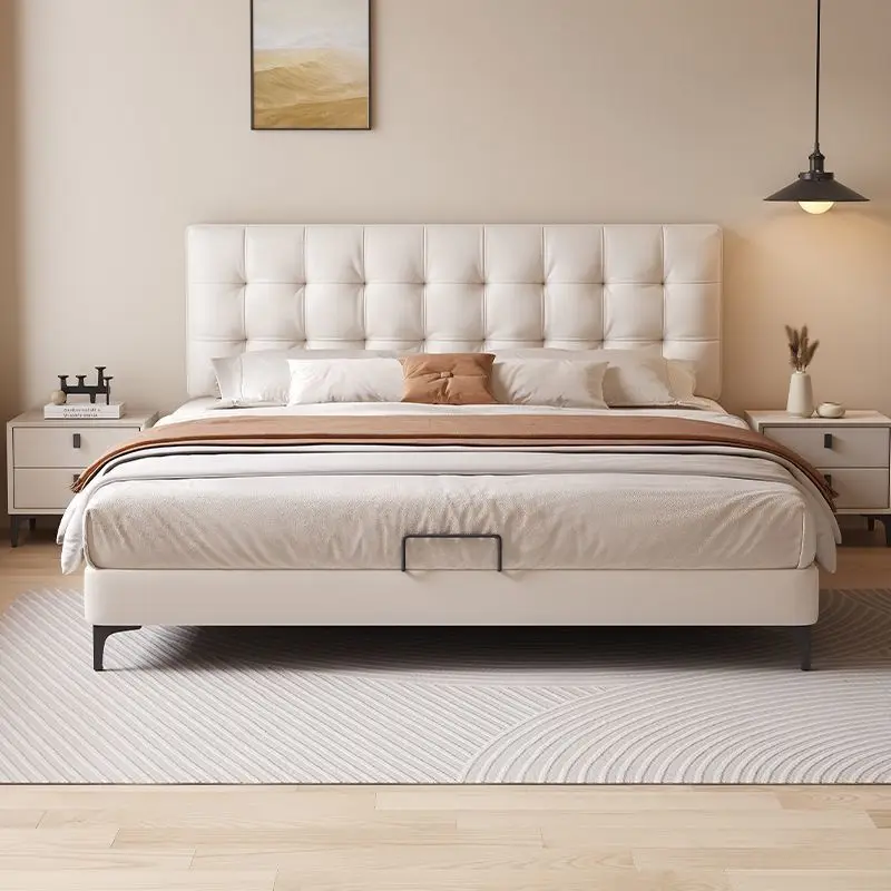 Leather bed modern simple double ultra-thin bedside bed small apartment master bedroom large