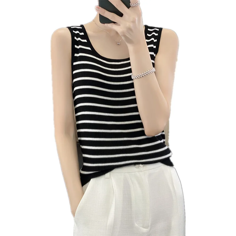 Canotta estiva in seta di ghiaccio ort Svel Capispalla da donna Previene l'esposizione U-Ne Slim Fit Design a righe Pendolari Sle