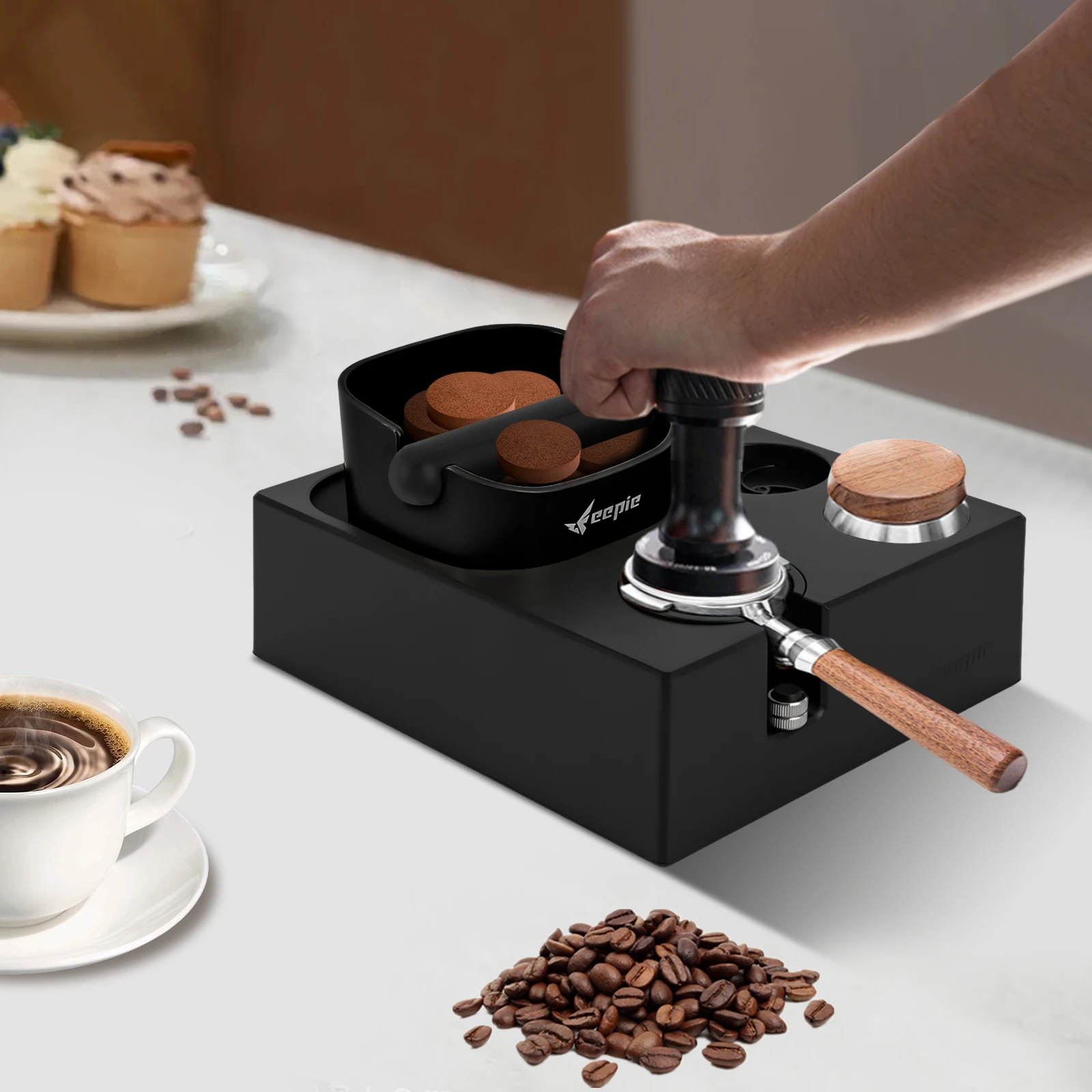 Caja organizadora de Espresso, herramienta de Espresso negra con asa y cubo de partículas para el hogar, tienda de té de la leche, cafetería
