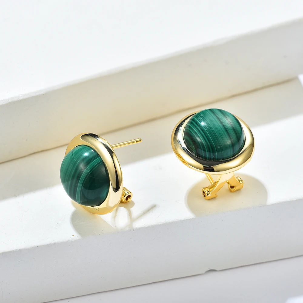 FFGems 100% Natural Malachite Gemstone Yellow Gold Clip Earrings 12mm Big Green for Women Birthday Party Trend Jewelry Gift