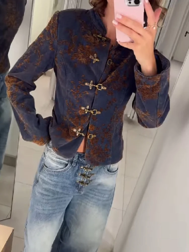 Vintage-Jacke mit Blumenmuster, kurz, für Damen, im chinesischen Stil, mit Stehkragen, Schnallenverschluss, schmal geschnitten, kurze Oberbekleidung, schicker Damenmantel. – Detail 4