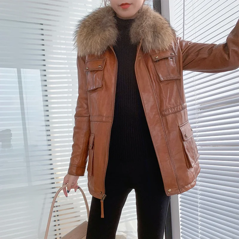 2023 New Fashion 80%White Duck Down Women's Down Jackets Real Sheepskin Leather Jacket Women Raccoon Fur Collar Coat F