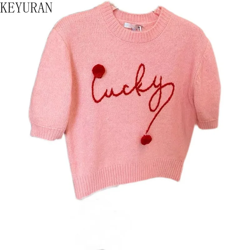 2024 Spring Summer New Sweet Pink Letters Knitted Short Sleeve Sweaters Women Pullovers Korean Chic Basic Knitwear Tops Jumpers