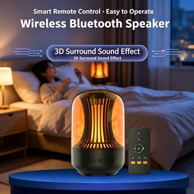 

Smart Bluetooth Speaker with Simulated Flame Light, Portable High-Fidelity Home Audio Speaker with Wireless Remote Control