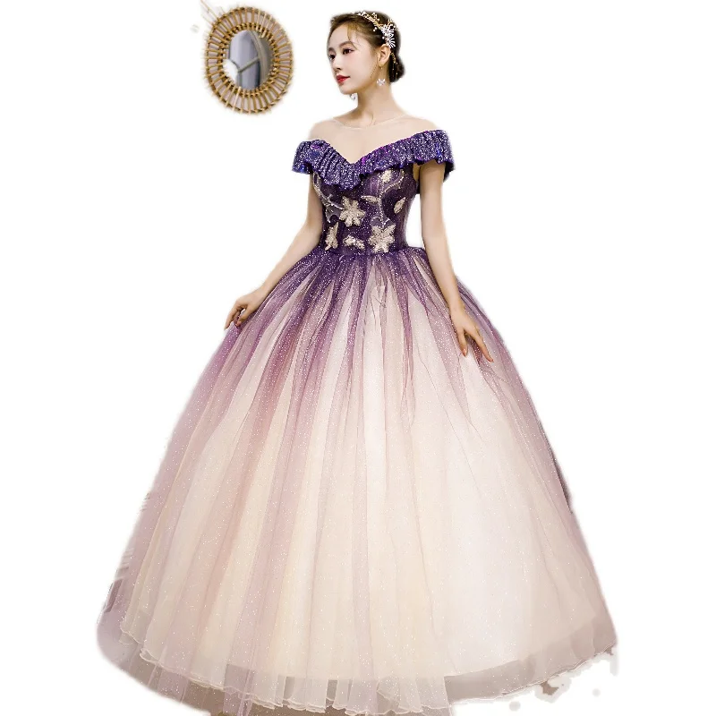   Lila glänzende Quinceanera-Kleider, klassisch, gerüscht, schulterfrei, Puffkleid für Abschlussball, elegant, exquisit, Vestido Baile, individuell gestaltet