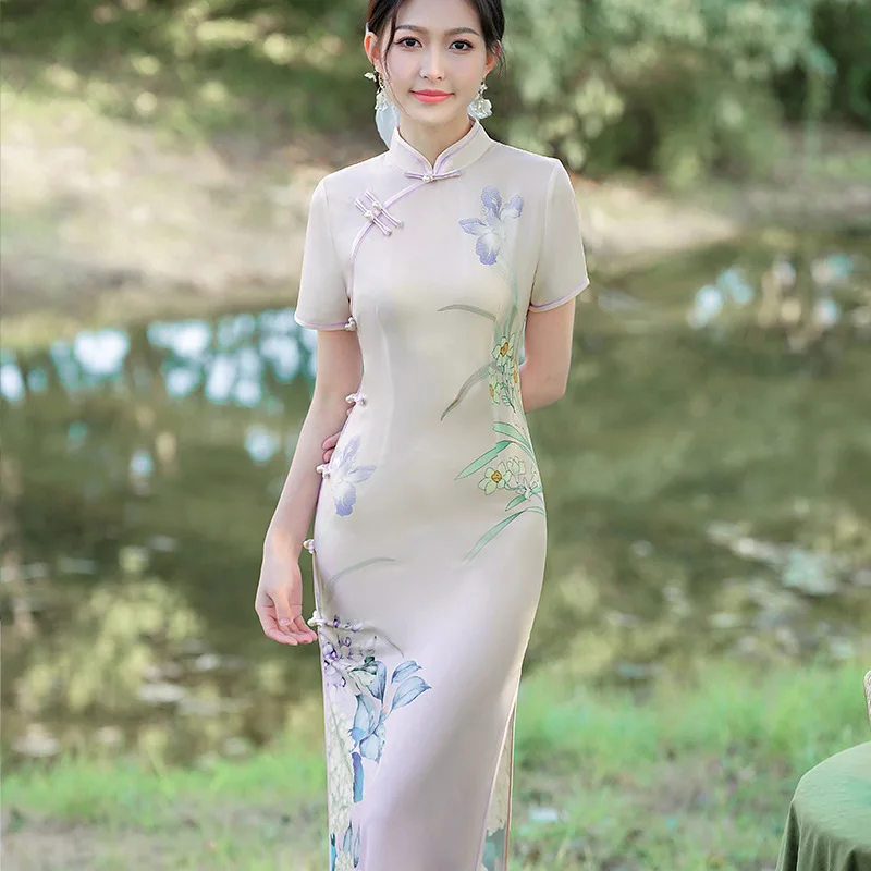 Long Cheongsam 2024 Summer Young Girls Improve Temperament Daily Self-cultivation Chinese Style Vintage Dress Qipao for Women