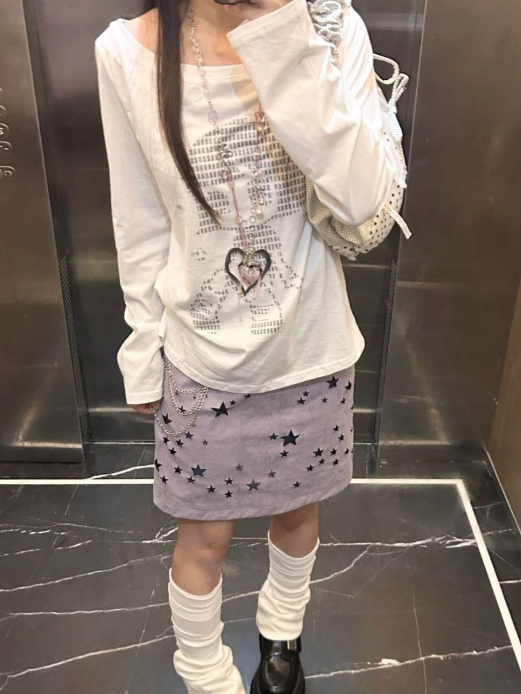 Deeptown Casual Białe Koszulki Graficzne Damskie Harajuku Vintage Koszulka z Długim Rękawem Y2k Gotycka Luźna Koszulka z Nadrukiem Kreskówkowym Streetwear