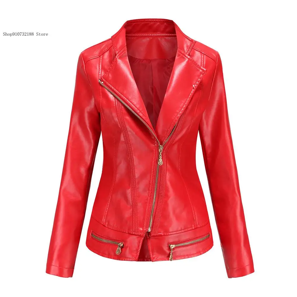 Stylish European American Women\'s Pure Color Pu Leather Jacket Spring and Autumn Zipper Turn-Down Collar Casual Commute Coat