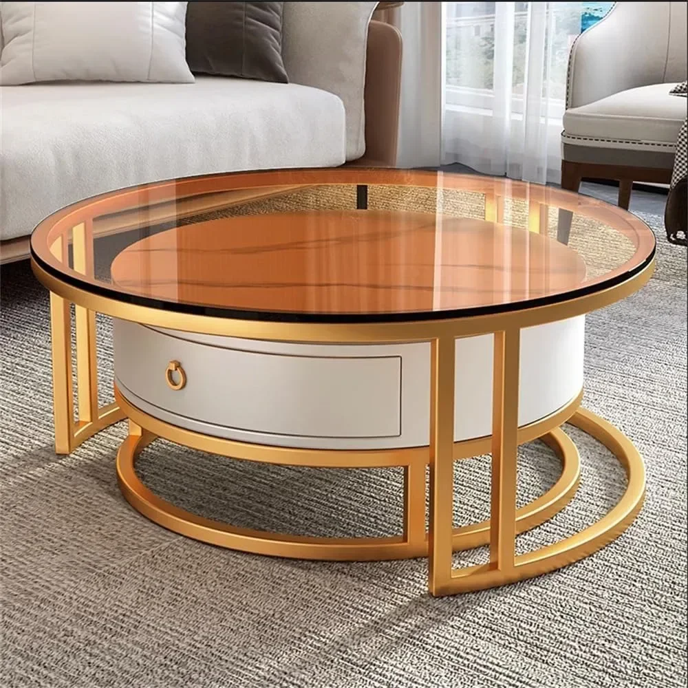 Coffee Table Set of 2, Round Center Tables with Storage Drawer Glass Slate Stone Side Table