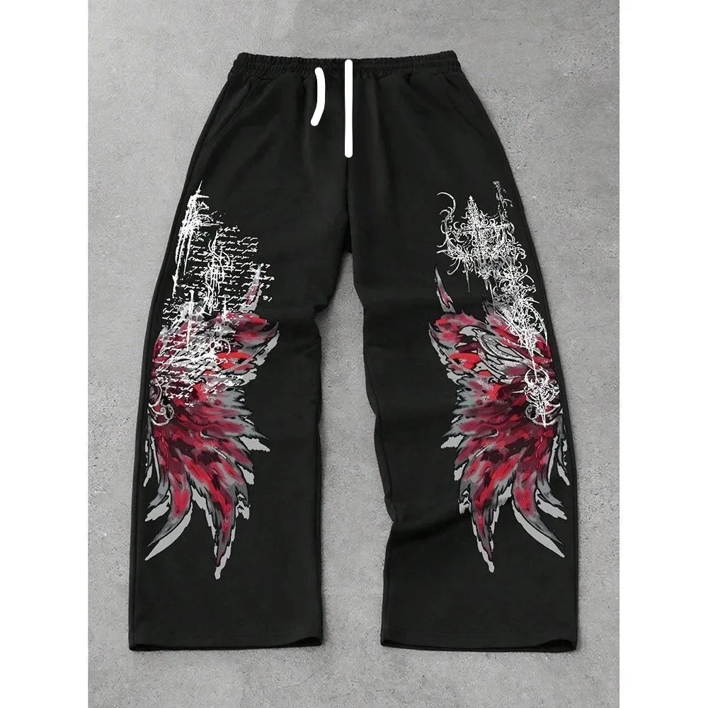 Herren Gothic Vertikale Grafik Weite Jogginghose mit Kordelzug Lose Gerade Baggy Y2K Dark Punk Streetwear Hose – Detail 5
