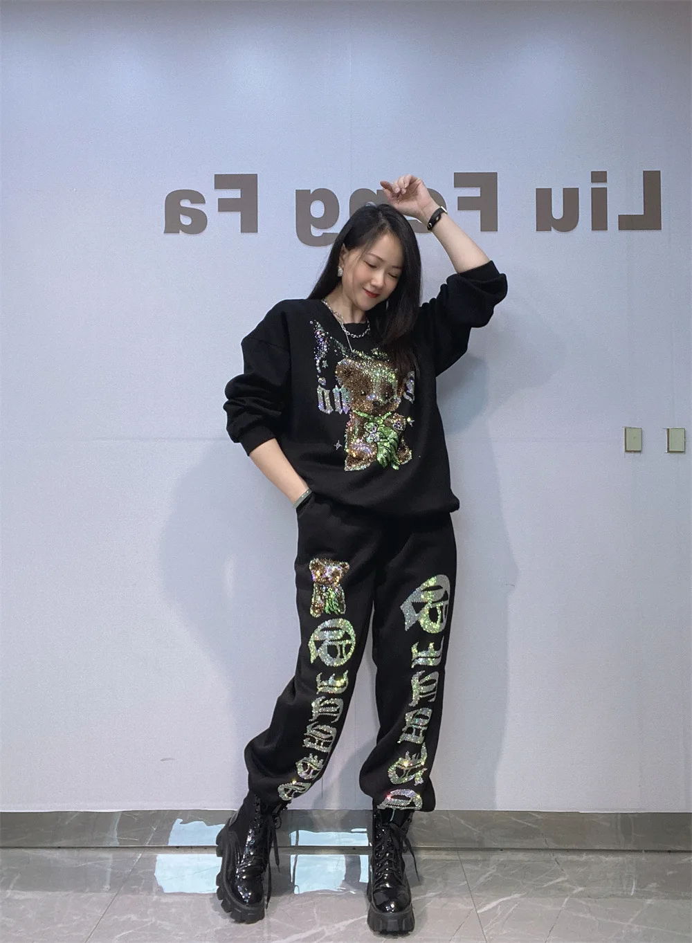 2026 Autumn Winter Cartoon Bear Oversized Pullover Sweatershirts Two Piece Sets Woman Outfits Casual Loose Pant Sets Bust120cm