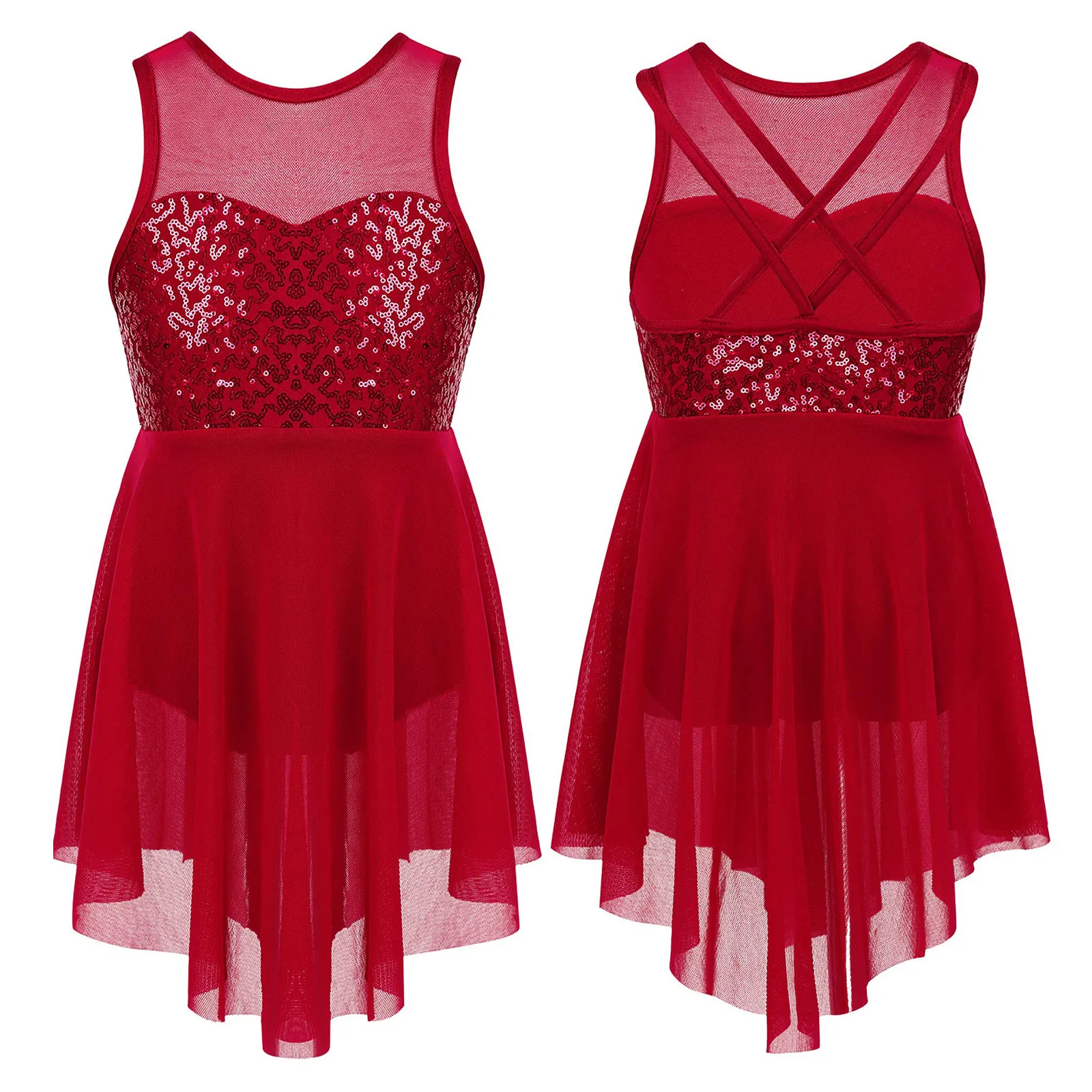 女の子用アシンメトリーモダンコンテンポラリーパフォーマンスダンスウェア キッズメッシュパッチワークオーバーレイ体操バレエリリカルダンスドレス