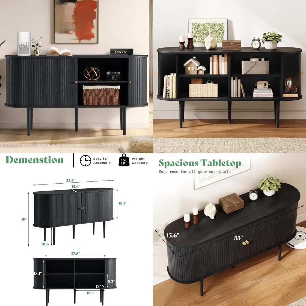 خزانة تخزين حديثة 55 من منتصف القرن مع أبواب الدف المنزلقة وأرجل من الخشب الصلب وبوفيه خزانة جانبية مميزة #1