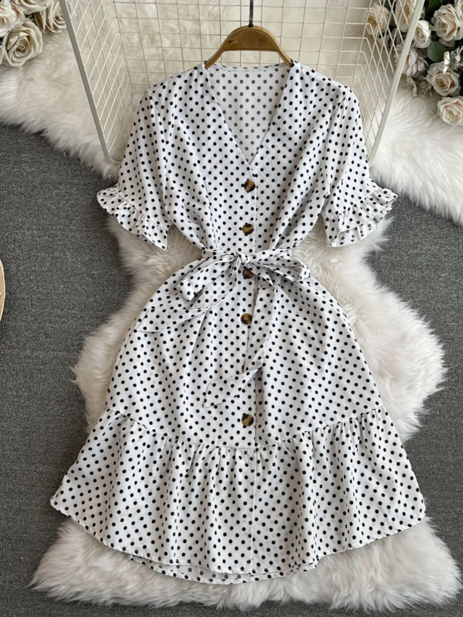 البولكا نقطة V-ne ort Sve ألف خط الدكتور مع حزام التخسيس العلاقات زر واحد ميدي الدكتور للشابات الربيع الصيف #1