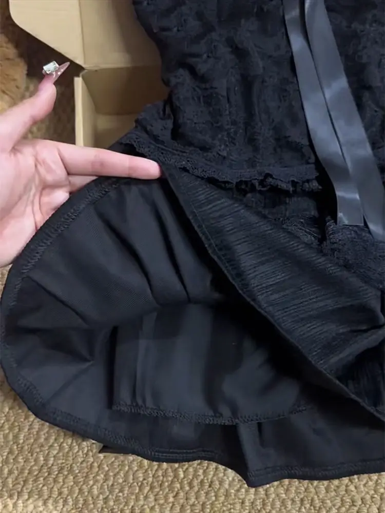 Goth Lace Halter Womens Dresses Bow Slim Y2k 2-częściowy zestaw Punk Vintage Backless Sexy Hot Girl 2000s Aesthetic Harajuku Grunge Emo