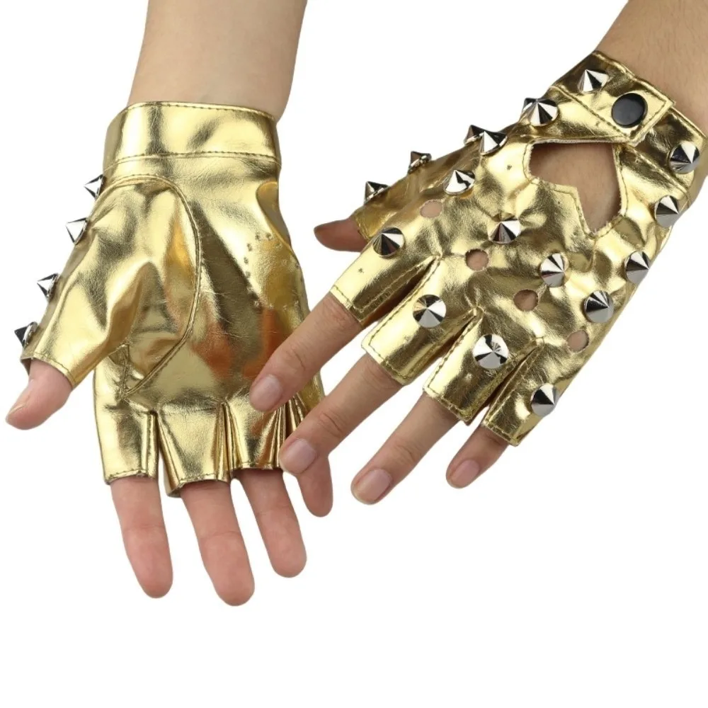 Lolita Fingerless Rivet Gloves Leopard Print PU Leather Half-palm Gloves Y2K Gothic Patent Leather Gloves Girls