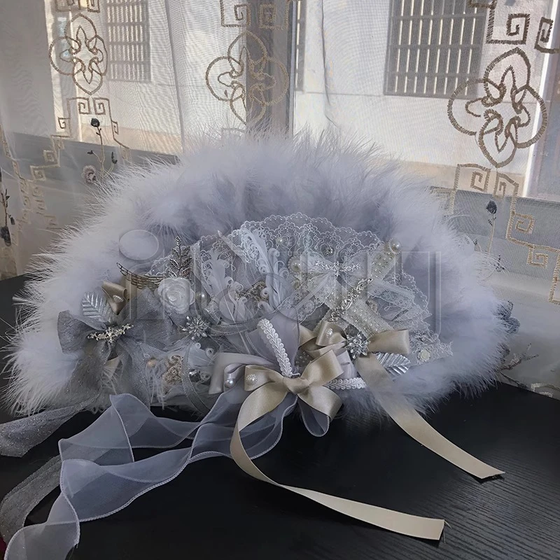 Sweet Lolita Lace Bowknot Pearl Rose Flower Feather Hand Fan for Women Girls Party Photo Props Show Dancing Gift Handmade