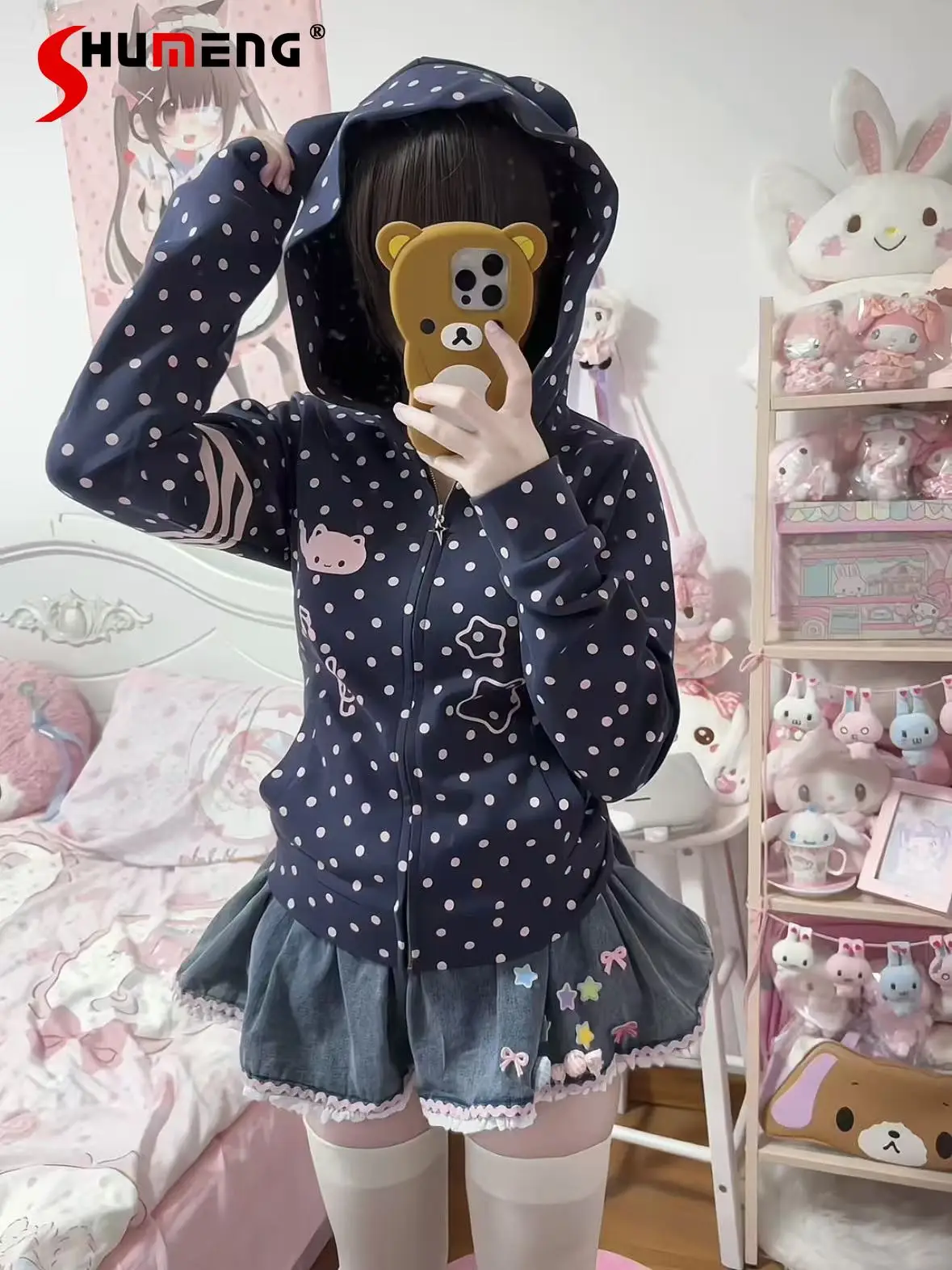 

Original Subculture Punk Style Y2K Zip Cardigan Jacket Autumn New 2025 Girl's Sweet Cool Polka Dot Print Cat Ear Hooded Coat