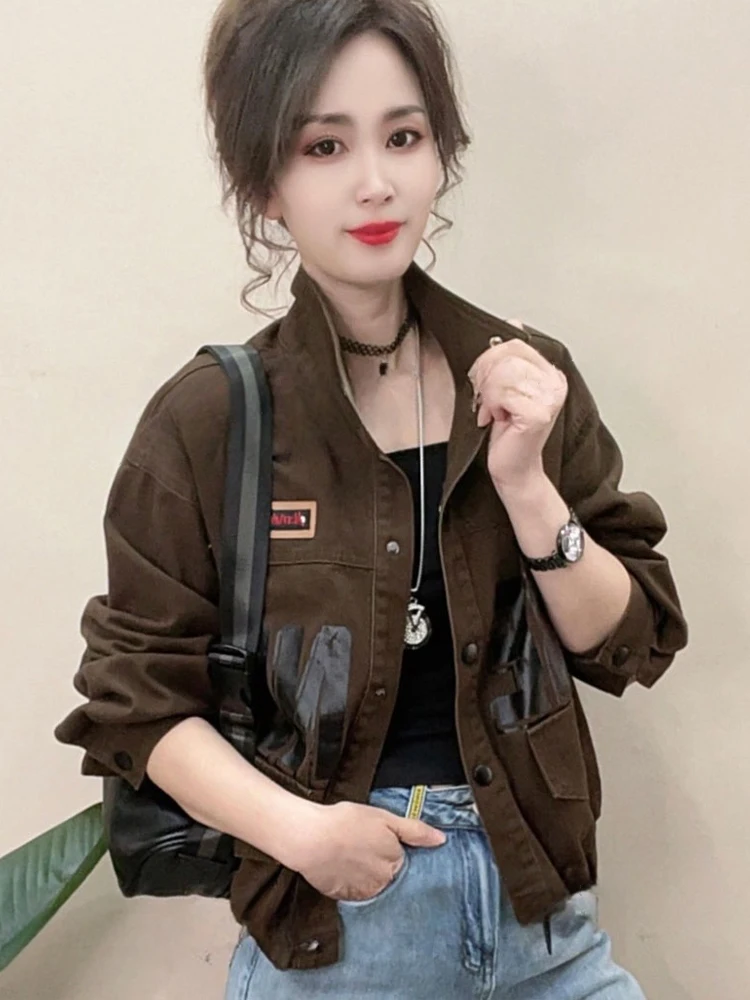 Pure Cotton Spring Autumn ort Jaet Women's Faionable Stand Collar Denim Outerwear Unique Small Size Ladies Top