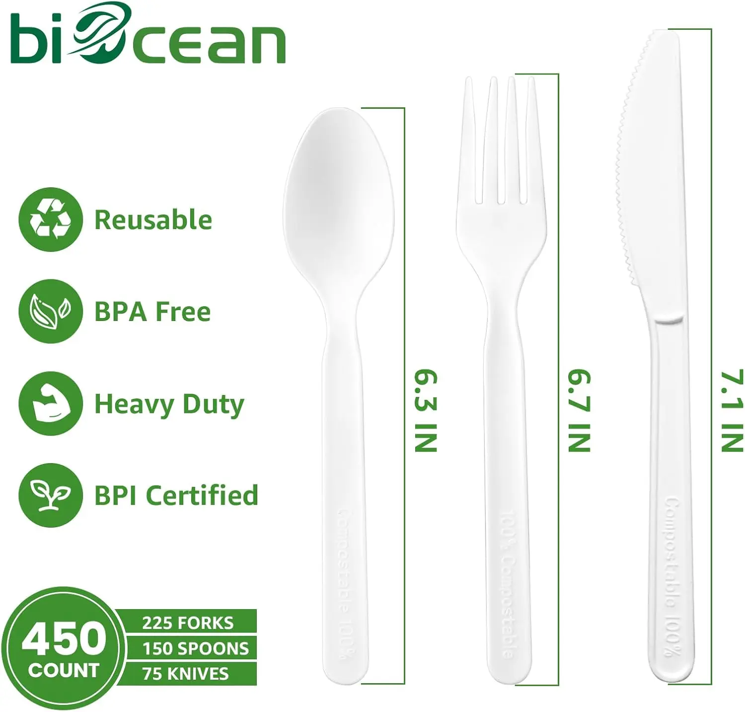 450 Counts Compostable Forks Spoons Knives Set Disposable Forks Utensils Heavy Duty Knives Silverware Eco Friendly Flatware For