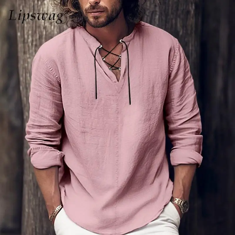 

Весна 2025 г., повседневные мужские пуловеры, рубашки с длинным рукавом и v-образным вырезом, винтажная льняная рубашка для мужчин, приморская пляжная рубашка для отдыха