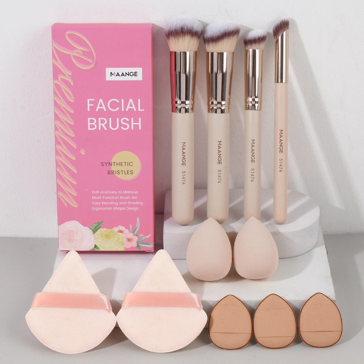 MAANGE 4PCS Makeup Brushes with 7PCS Powder Puff Soft Foundation Concealer Blush Blending Brush Triangle Makeup Sponge Tools