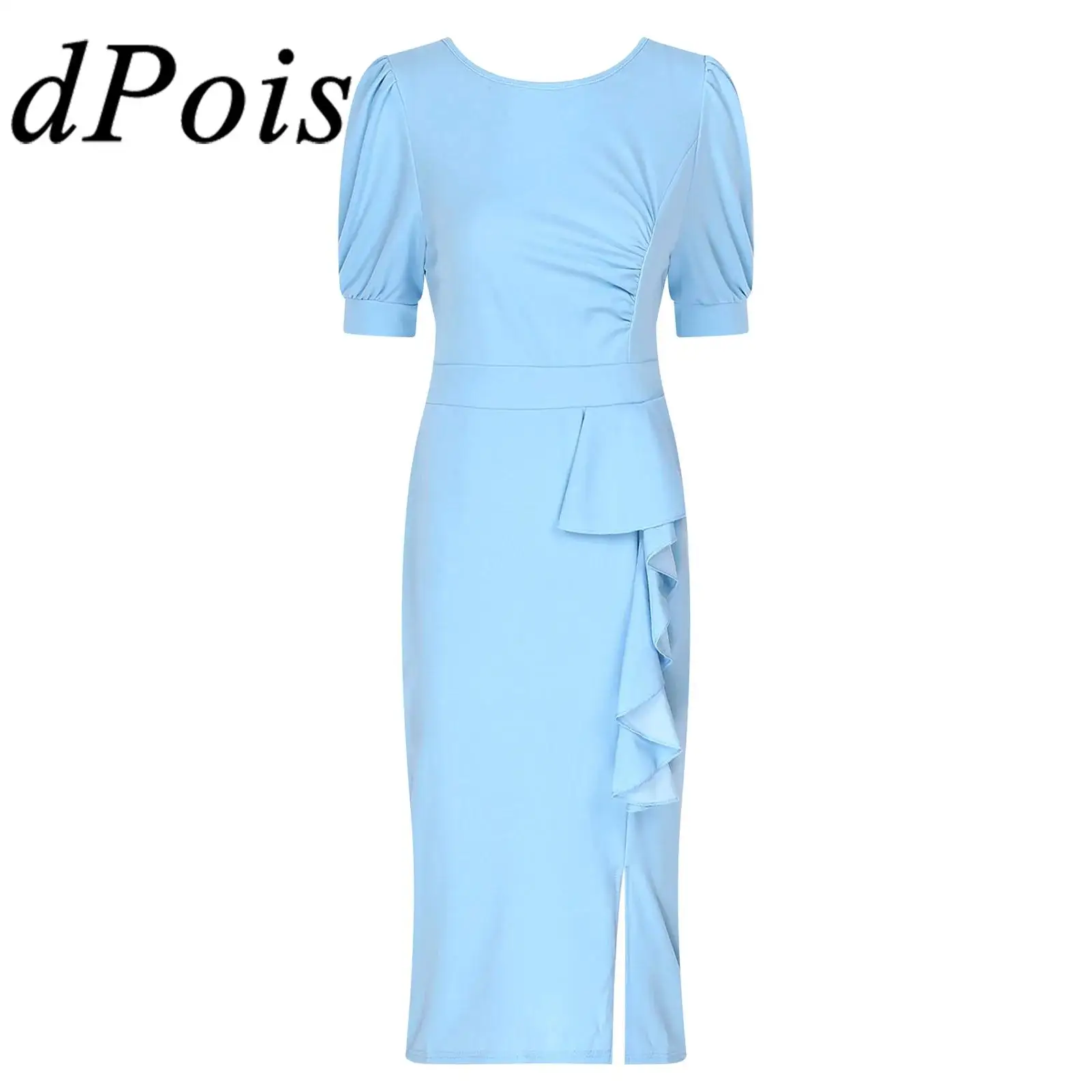 

Womens Elegant Dress Round Neck Short Sleeve Cascading Ruffles Split Hem Bodycon Midi Dress for Office Party Evening