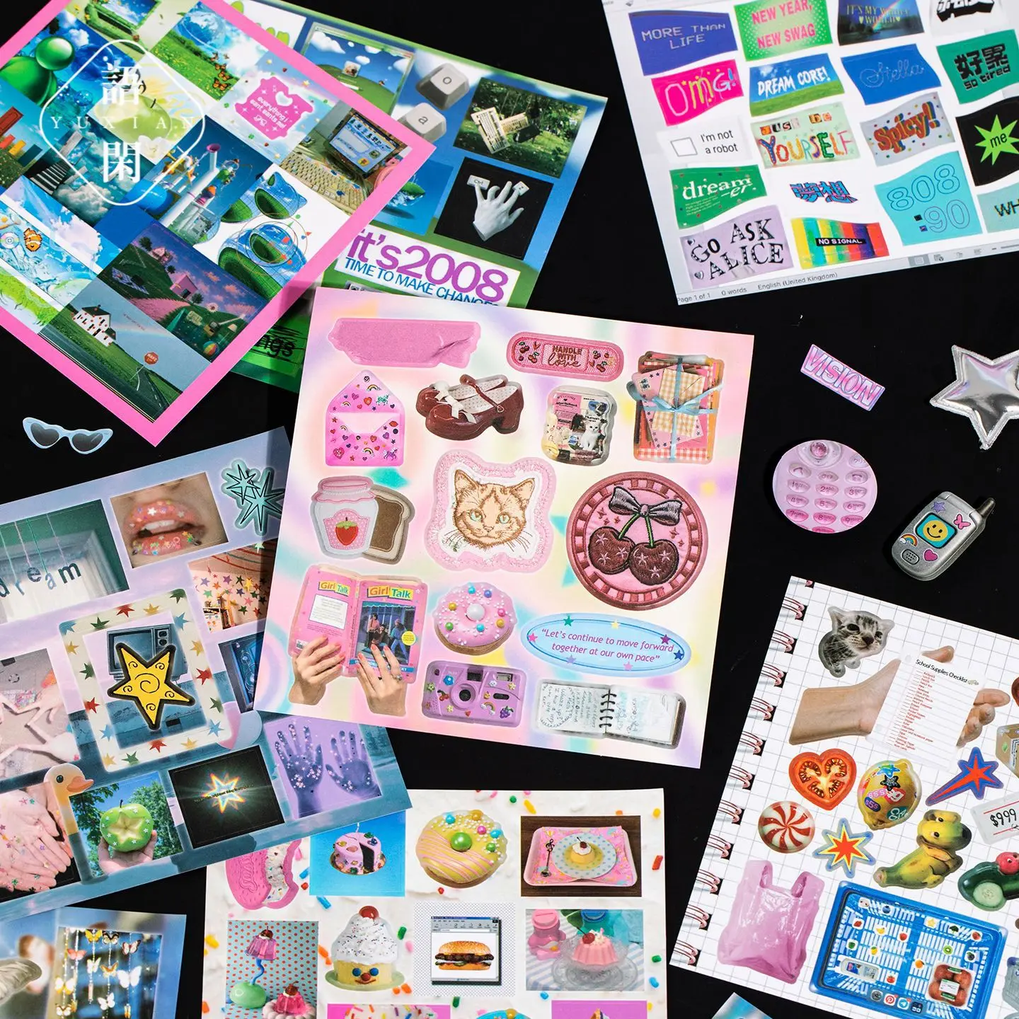 20pcs Stickers Book Kawaii Y2K Style Glitter Film Die-cutting Sticker Book Diy Handmade Scrapbook Aesthetic Stationery