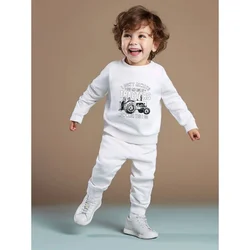 Boys round neck long sleeved hoodie set with cartoon black and white car letters printed versatile pants two-piece set 641A
