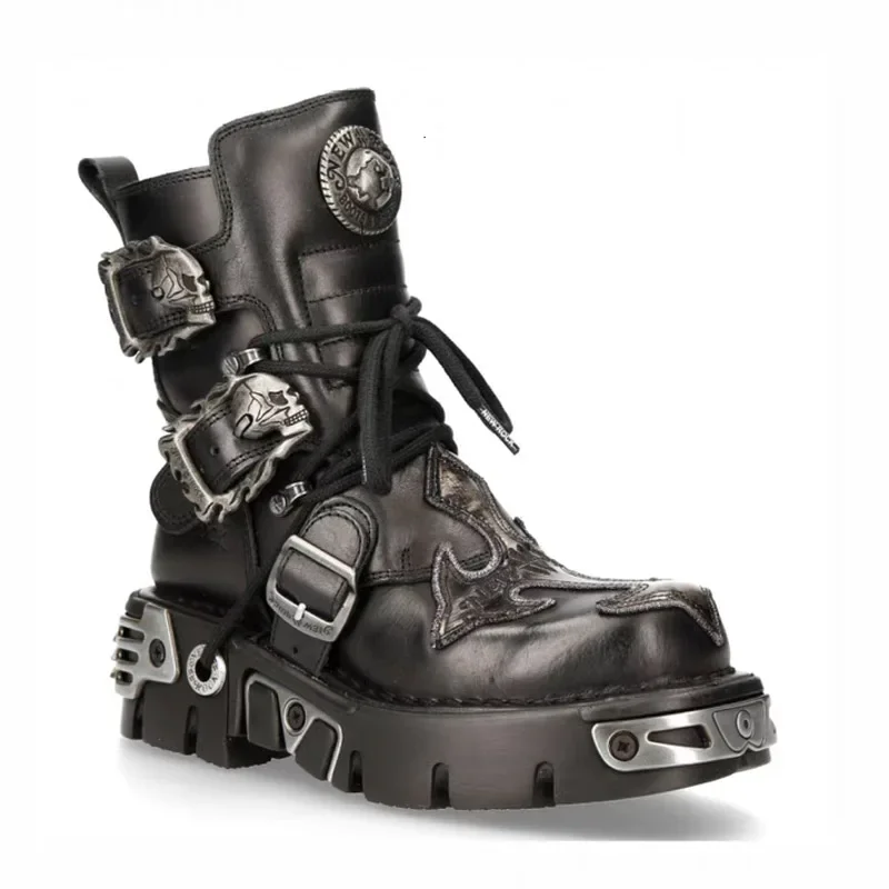 Men Fashion Genuine Leather Motorcycle Boots,Design New Unisex Mid-calf Silver Skull Devil Goth Punk Metallic Boots Plus Size