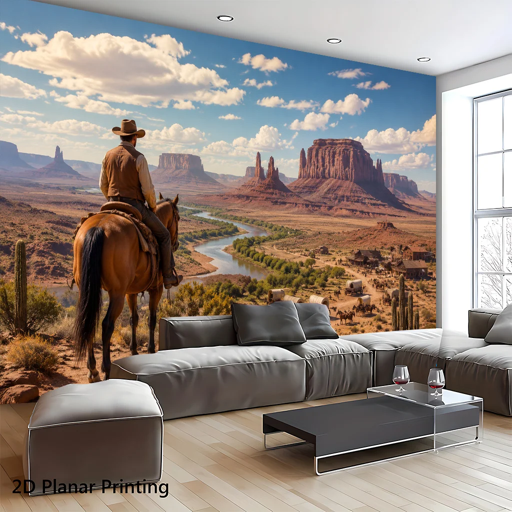 Wild West Cowboy Horse Desert Canyon Tapestry 2D Flat Printing Wall Hanging Backdrop for Man Cave Western Theme Home Decor Art