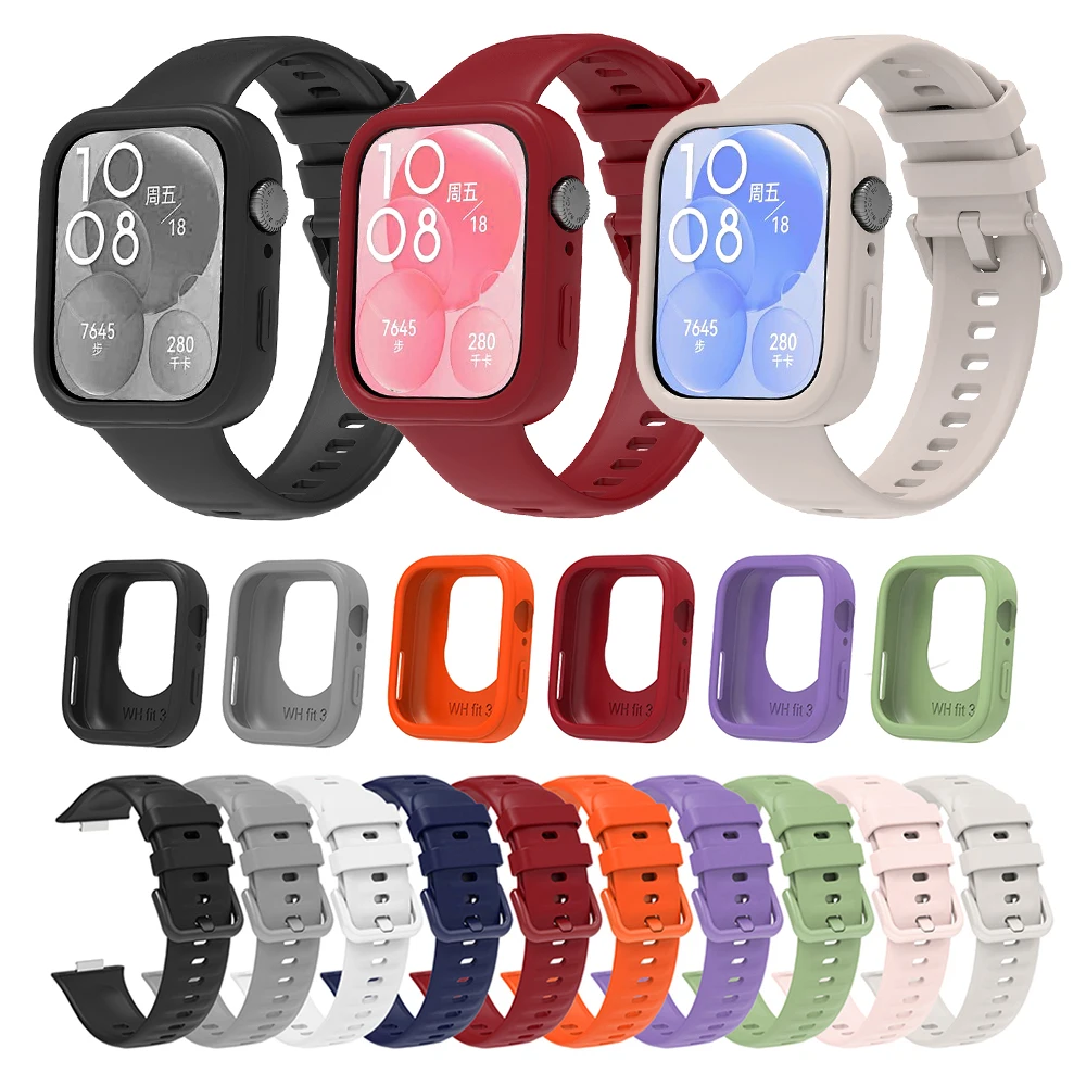 Silicone Wristband Strap For Huawei Watch Fit 3 Watchband + Protective Case Shell