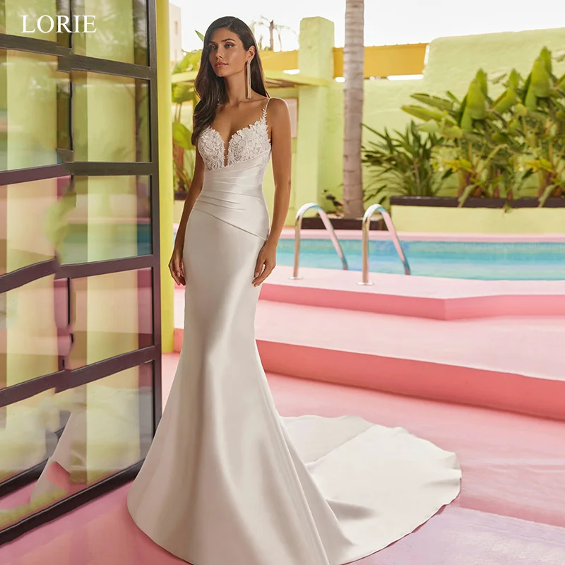 

LORIE Elegant Backless Satin Wedding Dresses Mermaid Spaghetti Strap Bride Prom Gown Appliques Pleated Bridal Gowns Customized