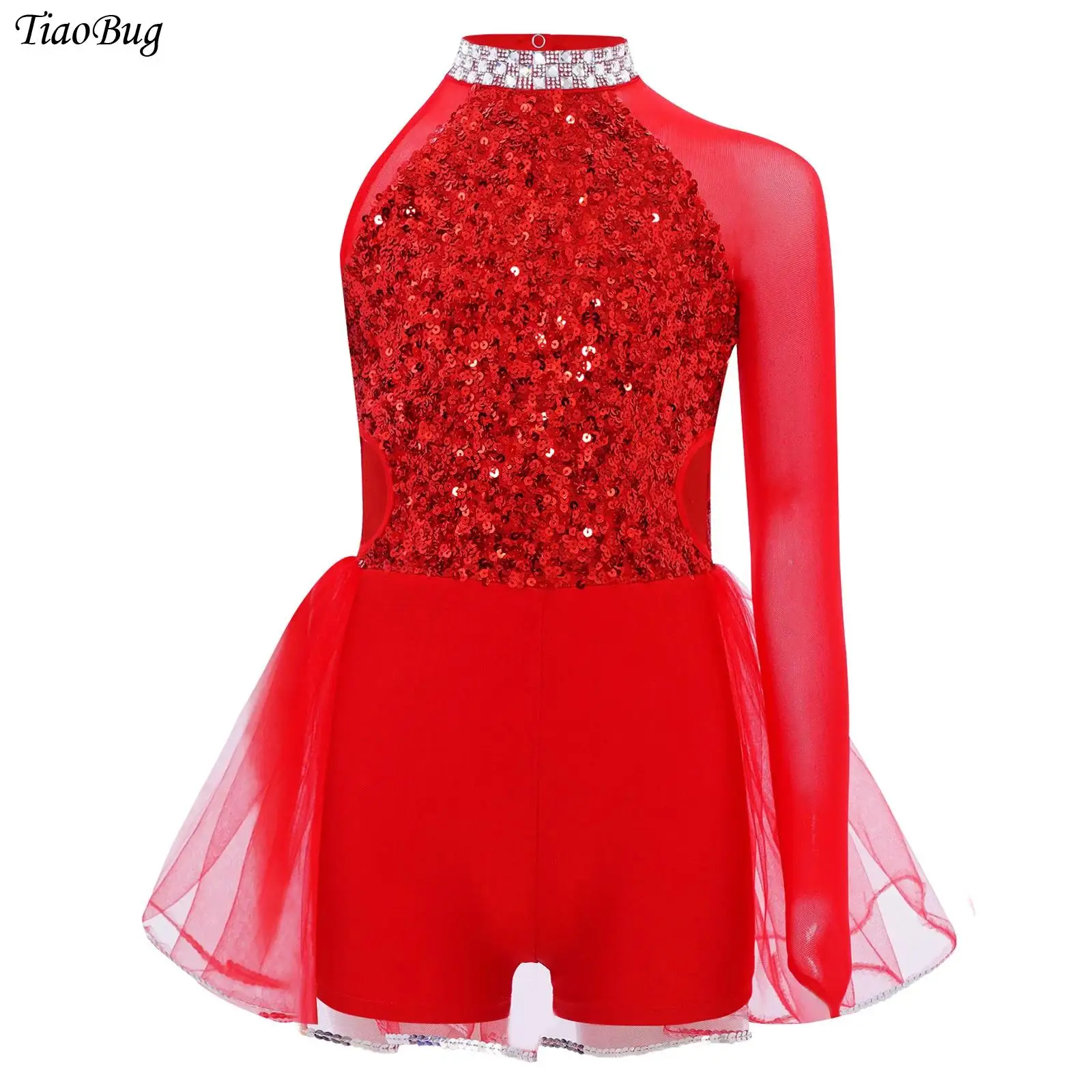 

Girls One Shoulder Long Sleeve Jazz Ballet Tutu Dress Sparkly Sequin Tulle Skirted Figure Skating Gymnastics Leotard Jumpsuit