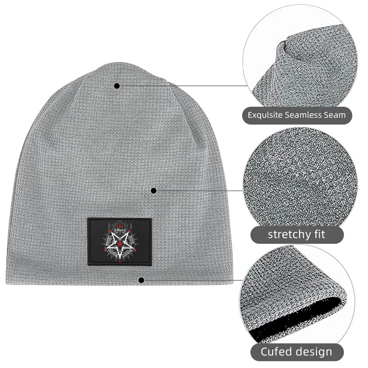 Occult Satanic Pentagram Waffle Knit Fleece Lined Beanie with PU Leather Patch Unisex Warm Winter Soft Cap