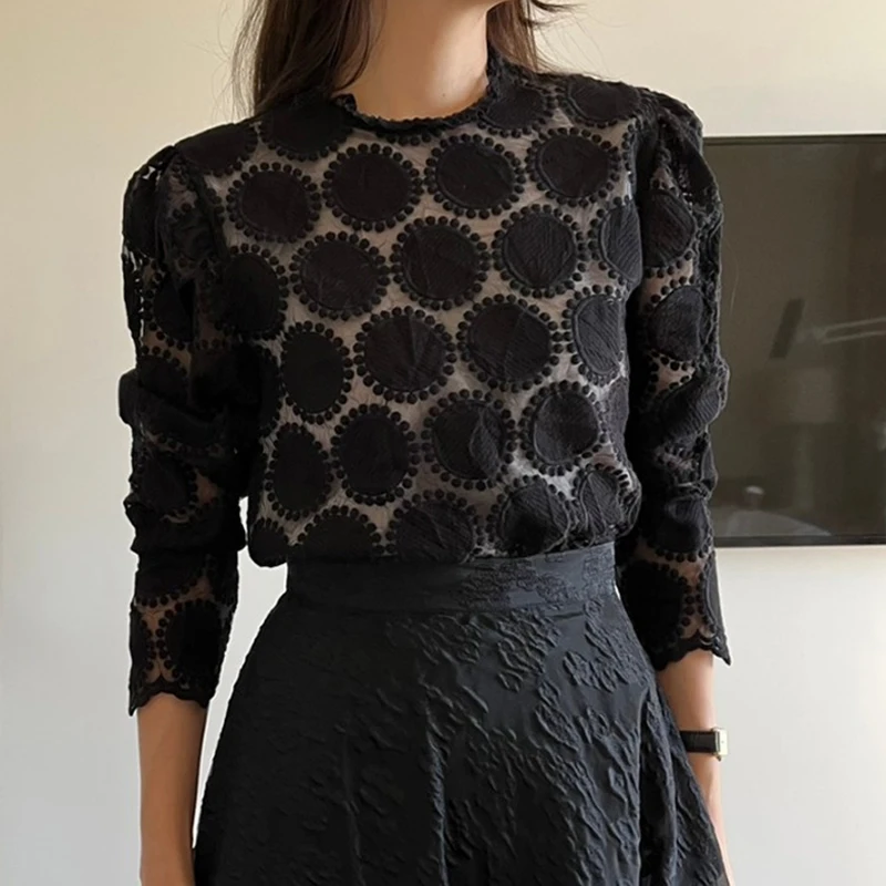 

Korean Fashion Black Dot Embroidery Blouse Women O Neck Vintage Elegant Loose Shirt Office Long Sleeve Casual Simple Tops 28251