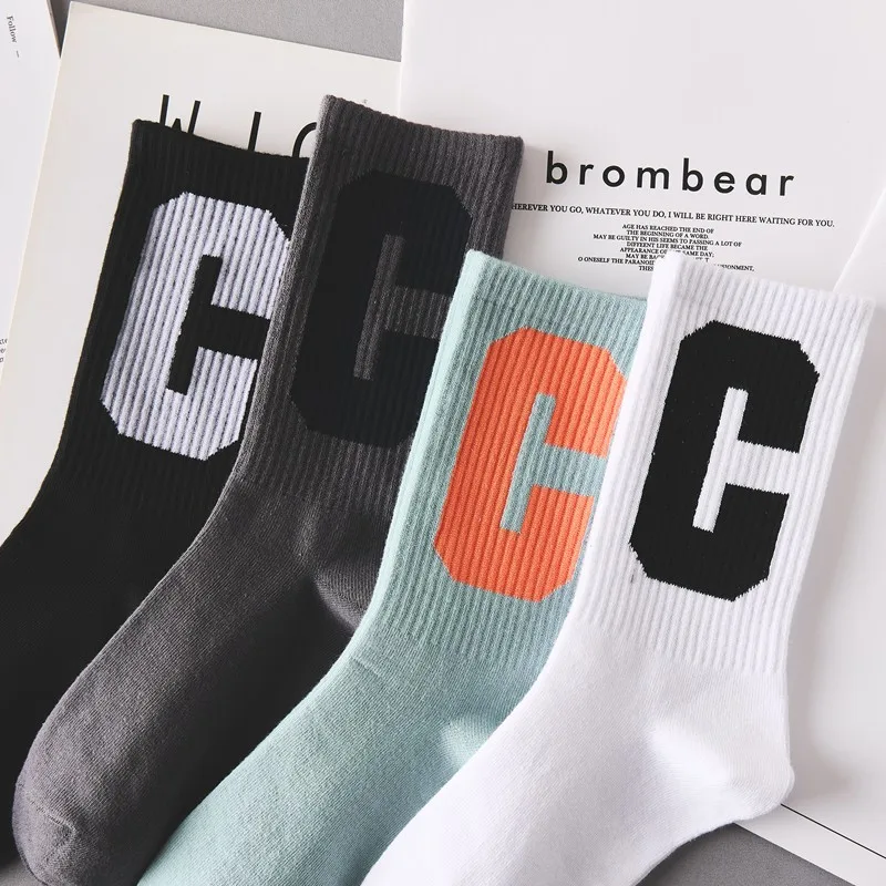 C Letters Printed Socks Running Sports Socks Women Men's socks Pure Cotton Breathable Summer Casual Sokken Medium Tube Sock