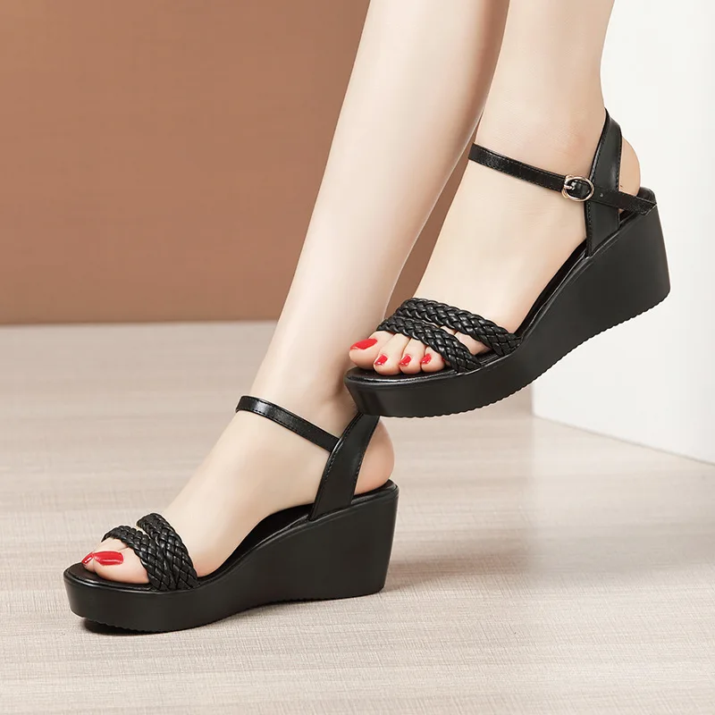 High quality summer wedge sandals for women 6cm mid heels new 2024 size 32 33 42 43 platform open toe elegant shoe white black