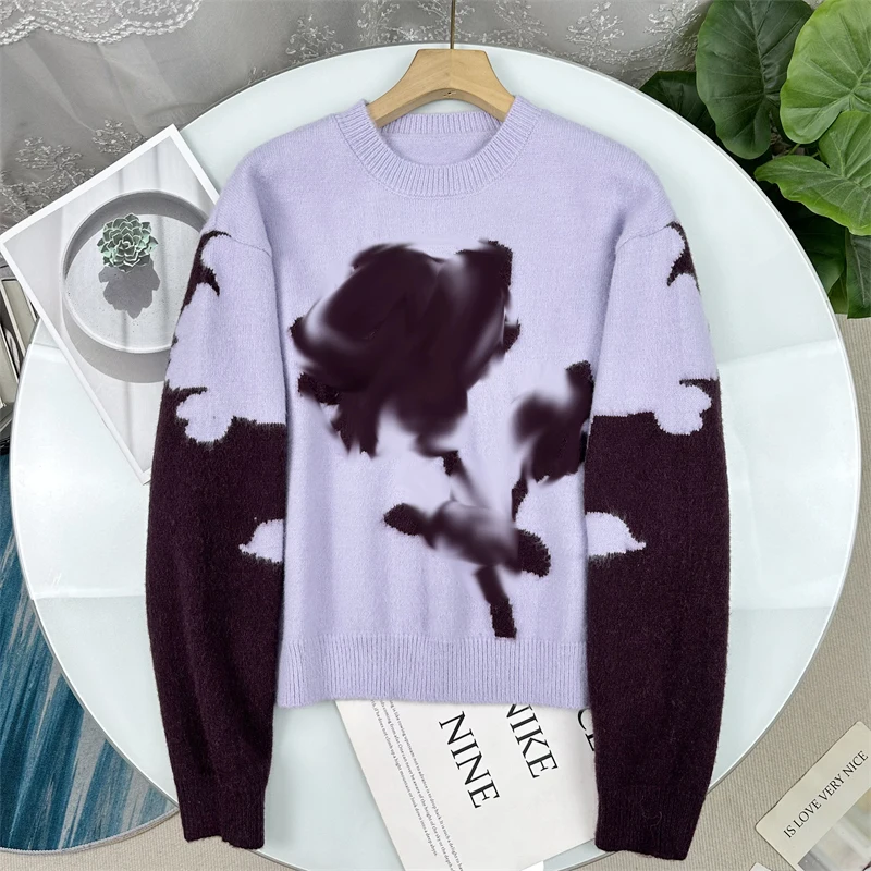 

Sweet Style Knitted round Neck Sweater Women's Long Sleeve Plant Floral Contrast Color Airy Feel Early Autumn Fashion for Girls
