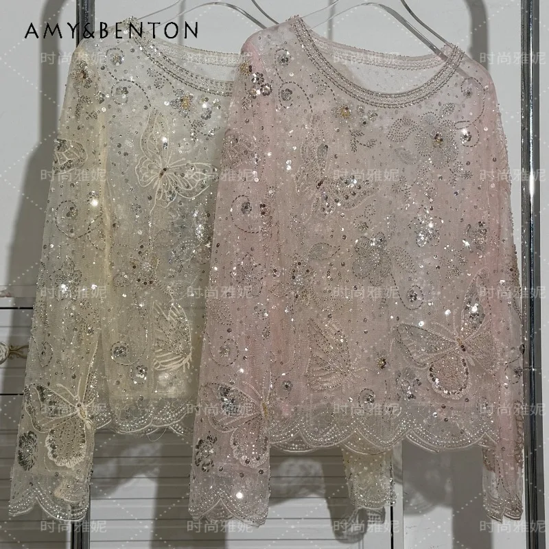 

Summer New Romantic Lace Blouse Heavy Sequin Beaded Butterfly Long Sleeves Top Shirt Women's Slim Fit Stylish Elegant Party Wear