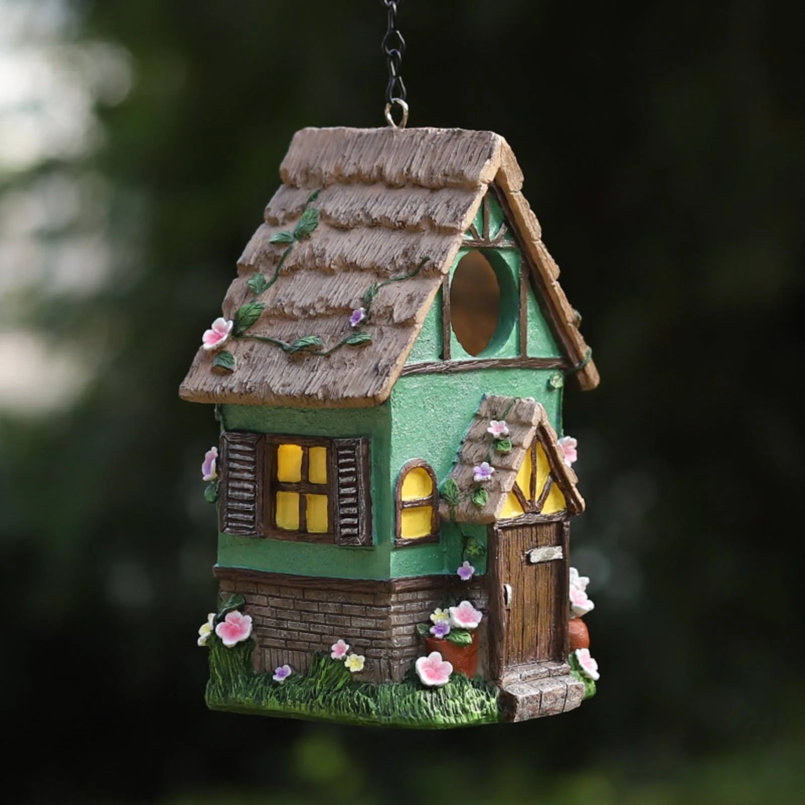 Green Cottage Birdhouse Long-Lasting Fairy House Birdhouse Decorative Bird House Waterproof Garden Decor Hand-Painted