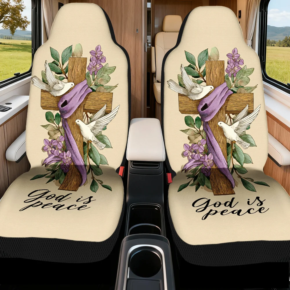 2pcs Modern Cross Doves Peace Blossom Print Front Covers | Universal Fit, Polyester Fiber, Machine Washable, Stylish Auto Access